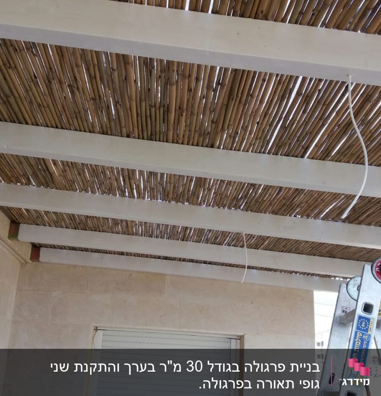 תקרה מבמבוק עם קורות עץ לבנות